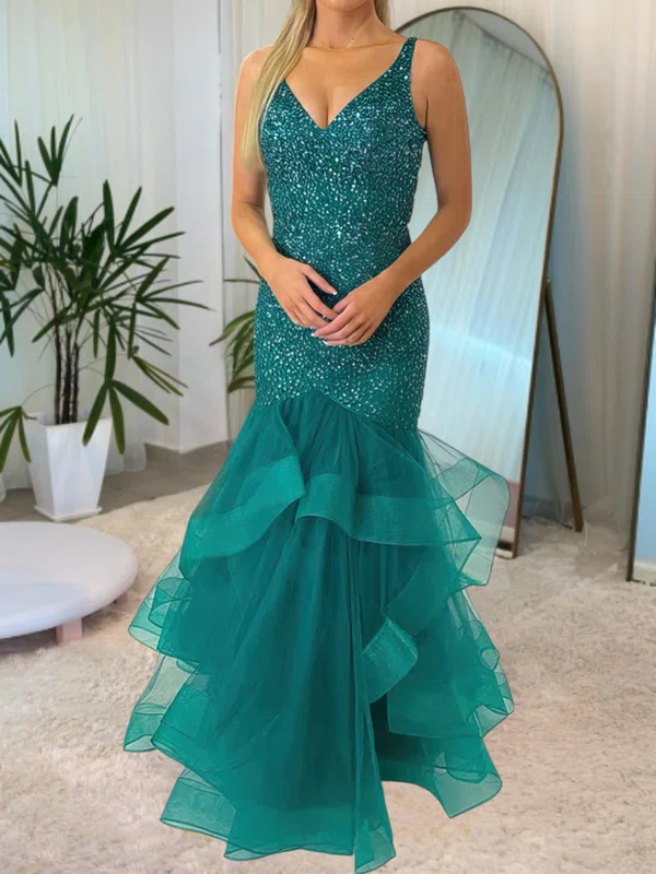 Mermaid V-neck Tulle Ruffle Tiered Prom Dresses With Beading #UKM020116873