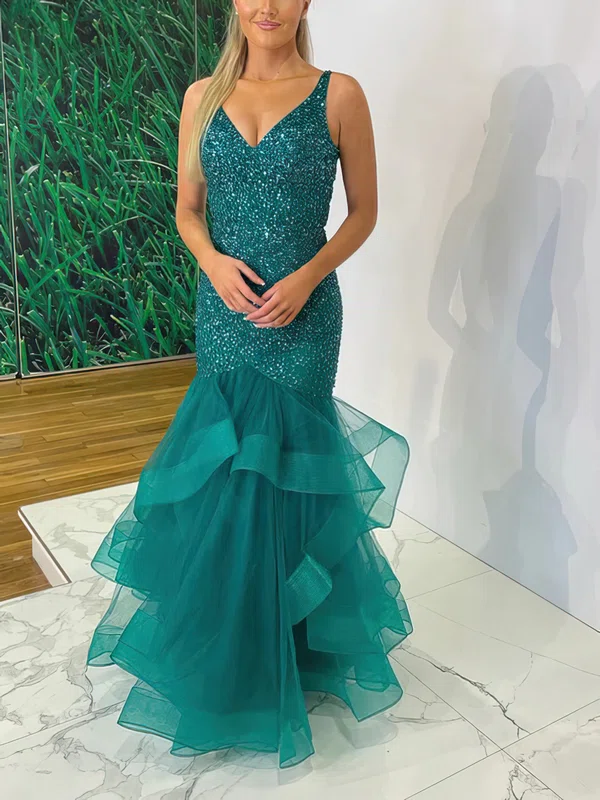 Trumpet/Mermaid V-neck Tulle Floor-length Prom Dresses With Tiered #UKM020116873