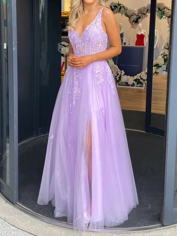 Ball Gown V-neck Tulle Corset Prom Dresses With Appliques #UKM020116876