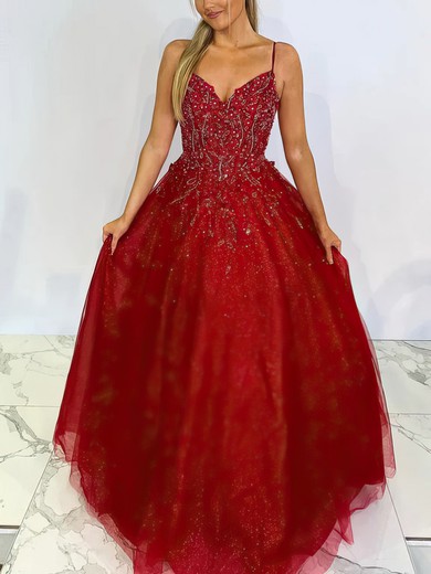 Ball Gown V-neck Glitter Floor-length Appliques Lace Prom Dresses #UKM020116879