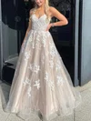 Ball Gown V-neck Tulle Sweep Train Prom Dresses With Appliques Lace #UKM020116882