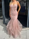 Mermaid Strapless Tulle Ruffle Tiered Prom Dresses With Appliques #UKM020116884