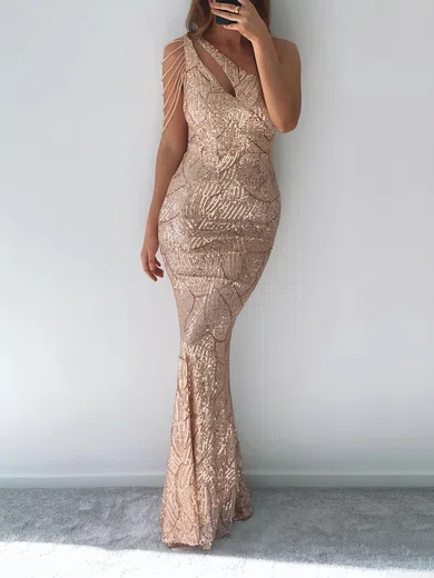 Sheath/Column One Shoulder Floor-length Evening Dresses With Beading PT020116925