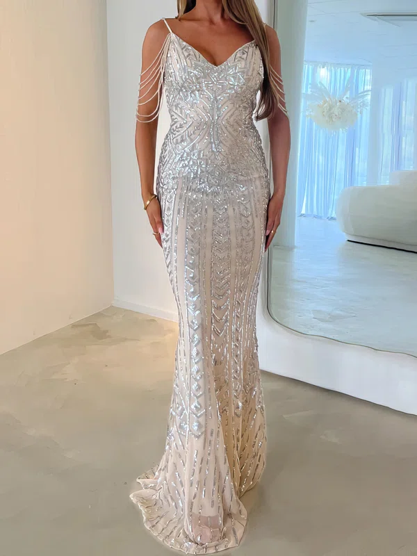 Sheath/Column V-neck Sweep Train Evening Dresses With Beading PT020116929