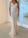 Sheath/Column V-neck Sweep Train Evening Dresses With Beading PT020116929