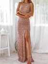 Sheath/Column One Shoulder Velvet Sequins Floor-length Prom Dresses #UKM020116939