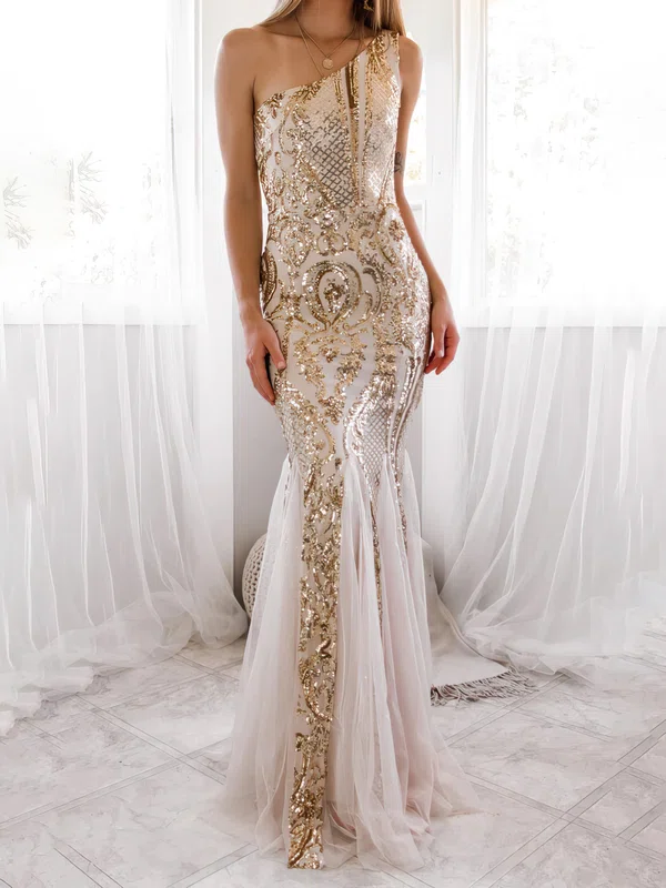 Sheath/Column One Shoulder Tulle Floor-length Evening Dresses PT020116951