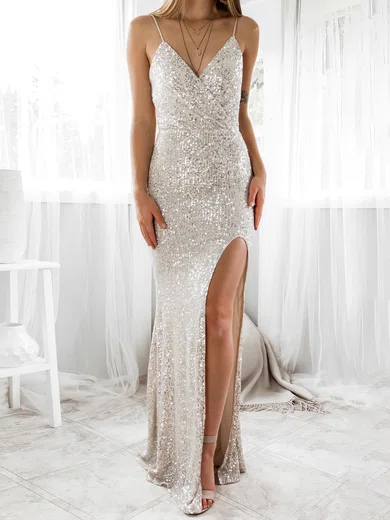 Sheath/Column V-neck Sequined Floor-length Split Front Prom Dresses #UKM020116955