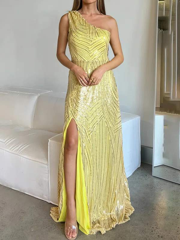 A-line One Shoulder Sweep Train Evening Dresses With Split Front PT020116960