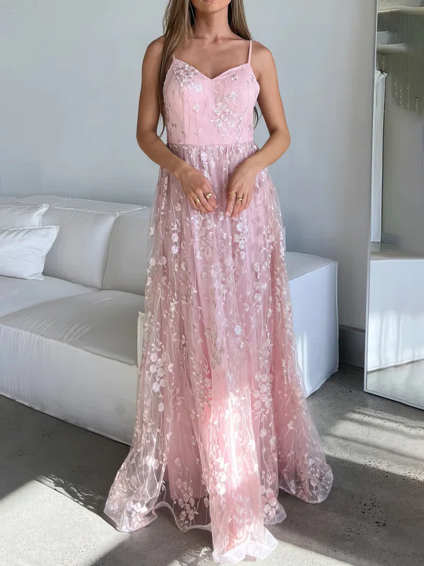 A-line V-neck Lace Floor-length Evening Dresses PT020116974