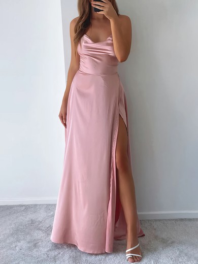 A-line Cowl Neck Silk-like Satin Floor-length Split Front Prom Dresses #UKM020116978