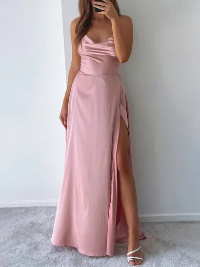 A-line Cowl Neck Satin Floor-length Split Front Evening Dresses PT020116978
