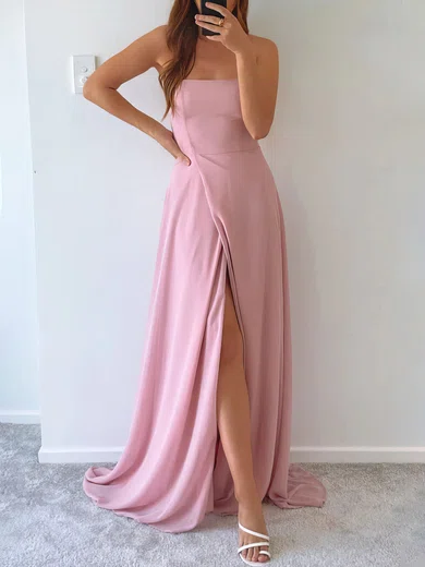 A-line Square Neckline Chiffon Sweep Train with Split Bridesmaid Dress #UKM010020116980