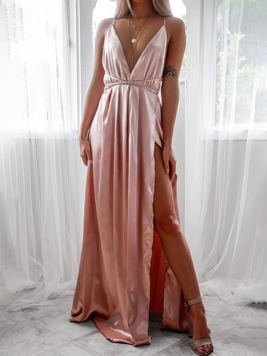 A-line V-neck Satin Floor-length with Split Bridesmaid Dress #UKM010020116988