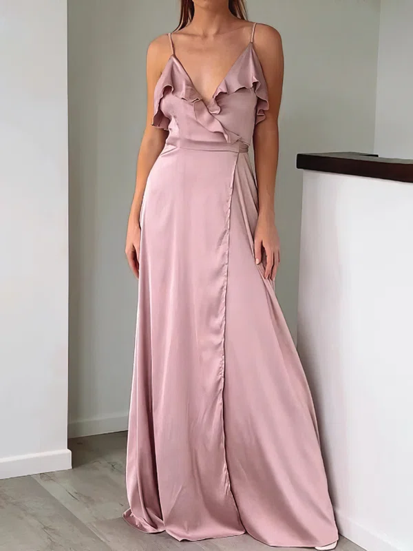 A-line V-neck Silk-like Satin Floor-length Sashes / Ribbons Prom Dresses #UKM020116989