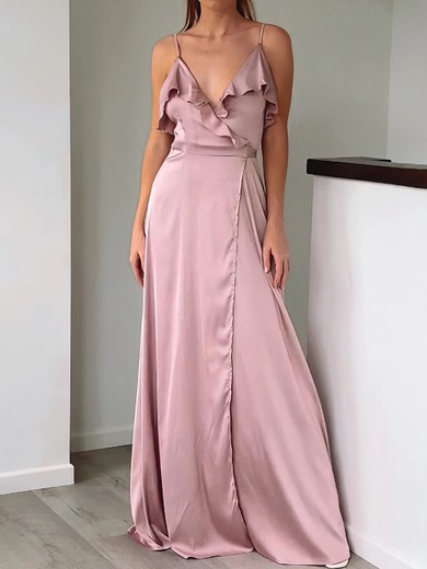 A-line V-neck Silk-like Satin Floor-length Bridesmaid Dress #UKM010020116989