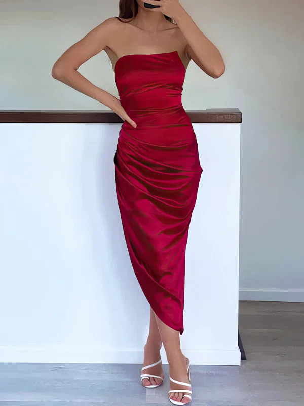 Sheath/Column Straight Silk-like Satin Tea-length Prom Dresses With Split Front #UKM020116991