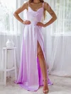 A-line Cowl Neck Silk-like Satin Sweep Train Split Front Prom Dresses #UKM020117013