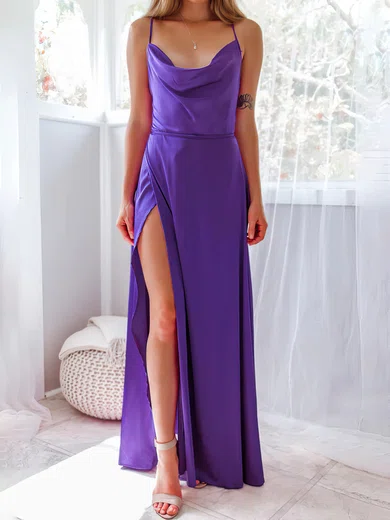 A-line Cowl Neck Satin Floor-length Evening Dresses With Split Front PT020117017