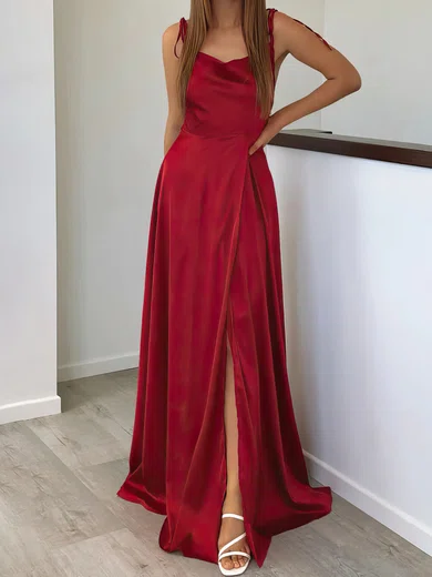 A-line Cowl Neck Satin Floor-length Split Front Evening Dresses PT020117026