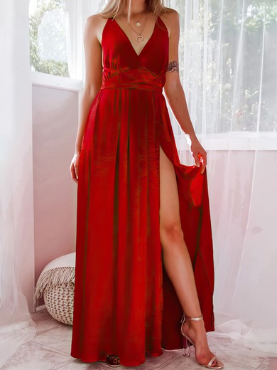 A-line V-neck Silk-like Satin Floor-length with Split Bridesmaid Dress #UKM010020117029
