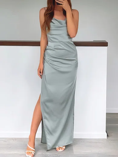 Sheath/Column Cowl Neck Silk-like Satin Floor-length Prom Dresses With Split Front #UKM020117051