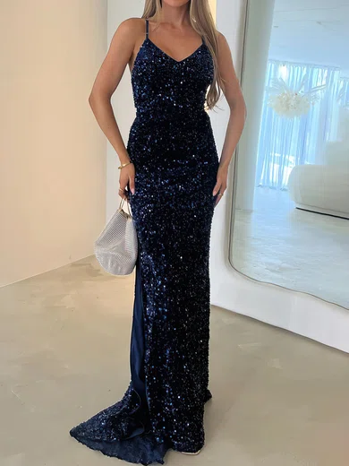Sheath/Column V-neck Sparkly Velvet Sequin Prom Dresses #UKM020117068