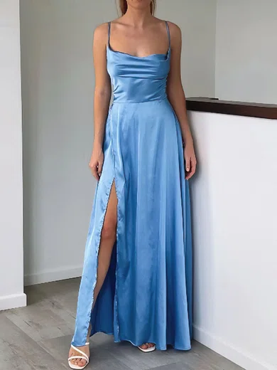 A-line Cowl Neck Silk-like Satin Floor-length Split Front Prom Dresses #UKM020117072