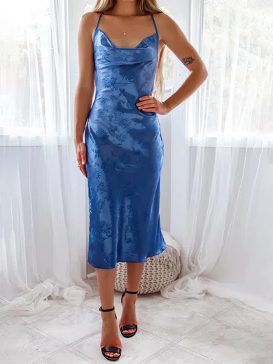Navy Blue Floral Print Cowl Neck Midi Dress PT020117074