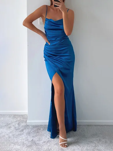 Sheath/Column Cowl Neck Floor-length Satin Prom Dresses With Ruched #UKM020117077