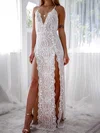 Sheath/Column V-neck Lace Sweep Train Evening Dresses With Split Front PT020117124
