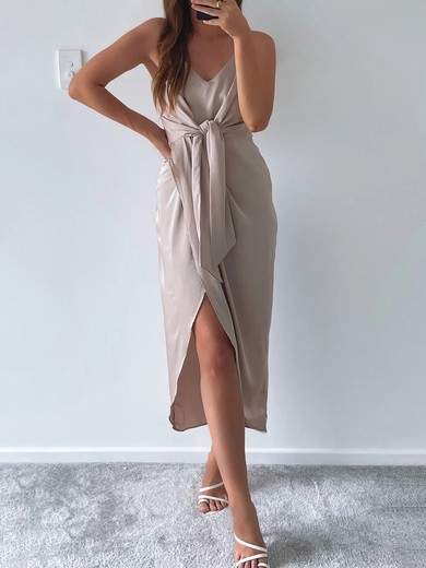 Asymmetrical V-neck Silk-like Satin Bridesmaid Dress #UKM010020117130