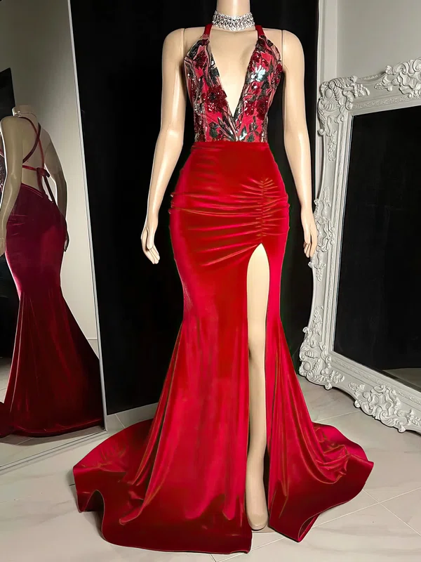 Sheath/Column V-neck Velvet Sweep Train Evening Dresses With Appliques Lace PT020117141