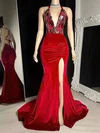 Sheath/Column V-neck Velvet Sweep Train Evening Dresses With Appliques Lace PT020117141
