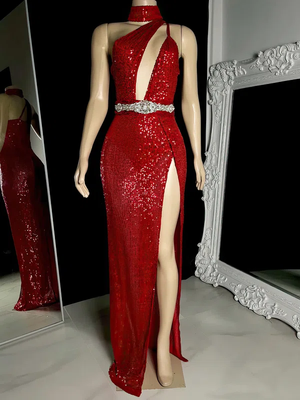 Sheath/Column High Neck Floor-length Evening Dresses With Split Front PT020117146