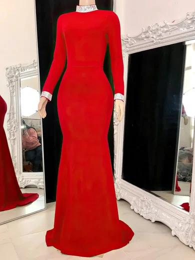 Sheath/Column High Neck Stretch Crepe Sweep Train Beading Evening Dresses PT020117148