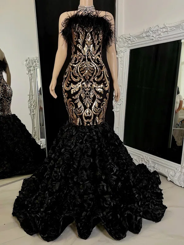 Trumpet/Mermaid Straight Sweep Train Evening Dresses With Feathers PT020117163