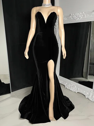 Black Mermaid Strapless Velvet Prom Dresses With Split #UKM020117165