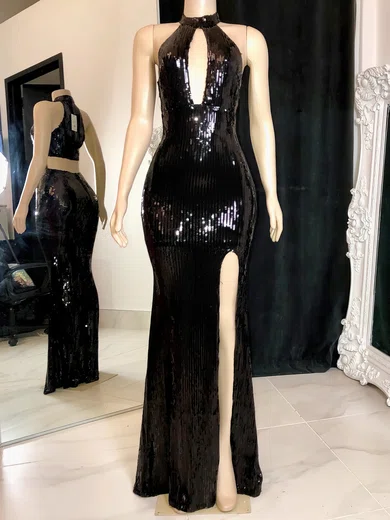 Sheath/Column High Neck Cut Out Sparkly Sequin Prom Dresses #UKM020117171