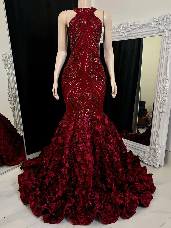 Trumpet/Mermaid Scoop Neck Sweep Train Evening Dresses With Flower(s) PT020117177