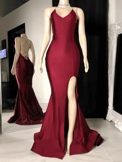 Mermaid V-neck Stretch Crepe Prom Dresses With Split #UKM020117183