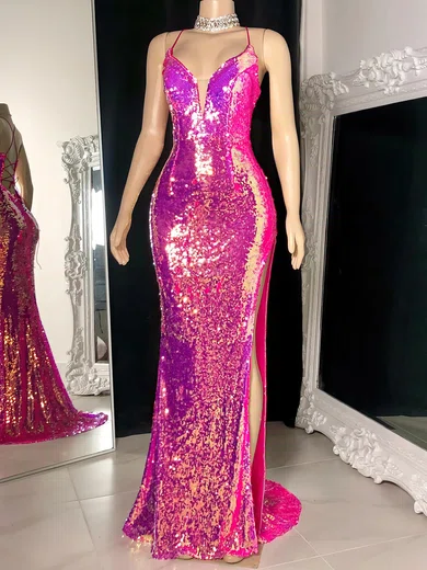 Sheath/Column V-neck Sparkly Sequin Prom Dresses #UKM020117188