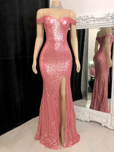 Sheath/Column Off-the-shoulder Sparkly Sequin Prom Dresses #UKM020117189
