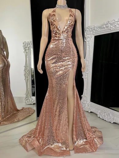 Sheath/Column V-neck Sweep Train Evening Dresses With Split Front PT020117191