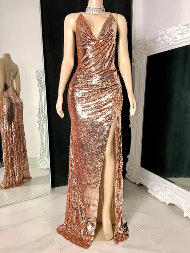 Sparkly Sheath/Column Sequin Ruched Split Formal Dresses PT020117193