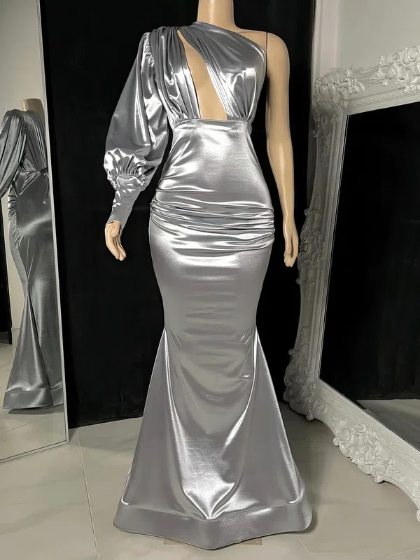 Sheath/Column One Shoulder Satin Sweep Train Evening Dresses With Ruffles PT020117201