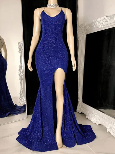 Mermaid V-neck Glitter Prom Dresses With Split #UKM020117206