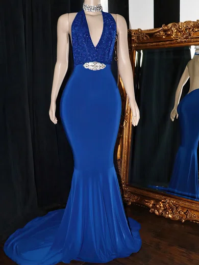 Trumpet/Mermaid Halter Jersey Glitter Sweep Train Evening Dresses With Beading PT020117210