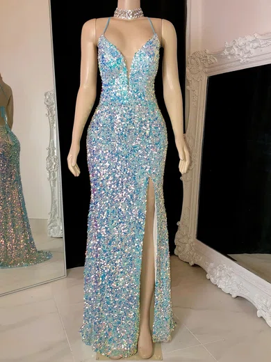 Sheath/Column V-neck Sparkly Velvet Sequin Prom Dresses #UKM020117213