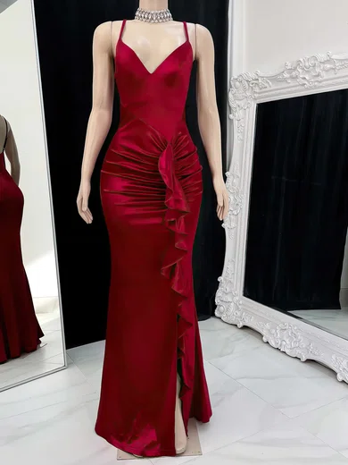 Sheath/Column V-neck Satin Prom Dresses With Ruched #UKM020117226